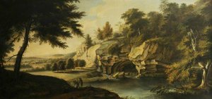A River Scene With Rocky Banks And A Waterfall — Johann Heinrich Müntz