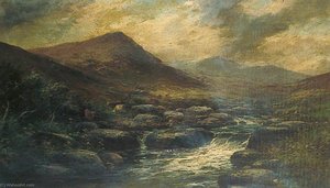 Mountain Landscape With Stream And Highland Cattle — George Henry Jenkins