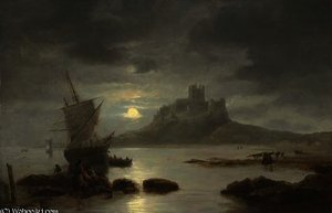 Bamburgh Castle By Moonlight, With Figures And Boats In The Foreground — John Wilson Carmichael