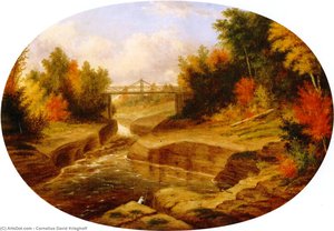 Dery's Bridge, Salmon Leap, Jacques Cartier River — Cornelius David Krieghoff
