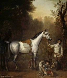 Viscount Weymouth's Hunt A Groom Holding A Saddled Grey Hunter With Hounds And Terriers — John Wootton