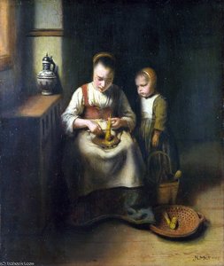 A Woman Scraping Parsnips, With A Child Standing By Her — Nicolaes Maes