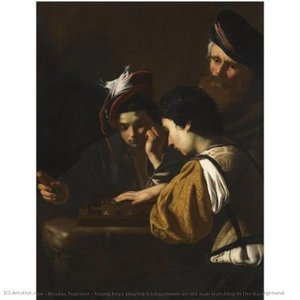 Young Boys Playing Backgammon An Old Man Watching In The Background — Nicolas Tournier