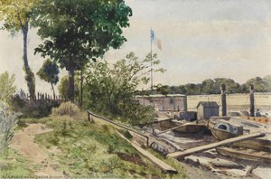 River Landscape With Train Of Barges — 앙리 조제프 아르피니