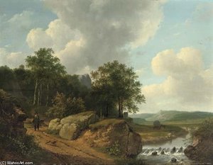 An Extensive Landscape With A Traveller Approaching A Stream — Andreas Schelfhout
