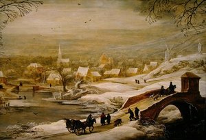 A Winter River Landscape With Travellers On A Bridge — Joos De Momper