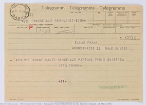 Telegram From Otto Frank To His Family In Basel, 25 May 1945. — Otto Heinrich Frank