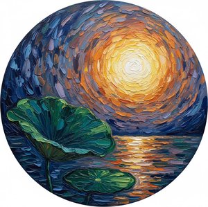 Luminous Golden Solar Majesty Amidst Emerald Ripples in a Singular Tondo Composition
