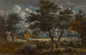A Wooded Landscape With Peasants On A Path And An Angler At A Stream — Meyndert Hobbema