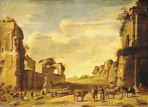 Vue De Fantaisie Du Campo Vaccino A Rome Avec Deux Anes — Cornelis Van Poelenburch
