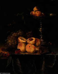 Peaches And Cherries On A Silver-gilt Plate, Red And White Grapes, Peaches On A Silver-gilt Tazza And An Acorn On A Partly Draped Table — Abraham Hendricksz. Van Beyeren