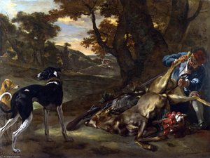 A Huntsman Cutting Up A Dead Deer, With Two Deerhounds — Jan Baptist Weenix
