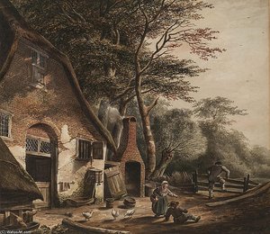 Figures Outside A Farmhouse — Andreas Schelfhout