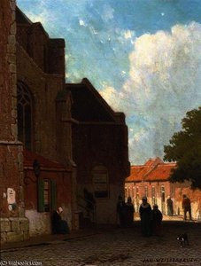 Villagers On A Street By A Church — Jan Weissenbruch
