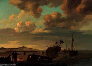 A Beached Three-master With Beachcombers Along The Shore — Johannes Hermanus Koekkoek
