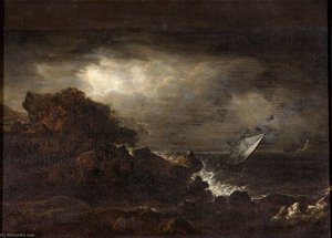 Seascape With A Rocky Coast And A Lighthouse — ბენჯამინ ბარკერი Ii