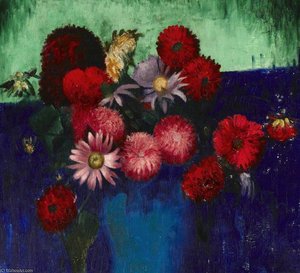 Still Life, Dahlias And Daisies In A Blue Vase — マーク・ガートラー