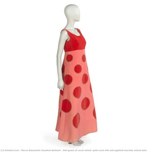 Ball Gown Of Coral Velvet, Pale Coral Silk And Applied Oversize Velvet Dots — Pierre Alexandre Claudius Balmain