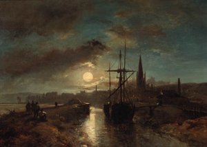 Figures On A Jetty In The Moonlit Harbour Of Harfleur — Johan Barthold Jongkind