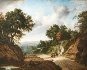 Landscape With Travellers On A Road Through A Cutting, With A Church Tower In The Distance — James Leakey