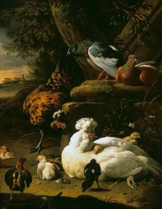 A Hen With Chicks, A Rooster And Pigeons In A Landscape — Melchior De Hondecoetter