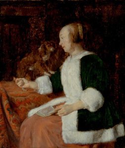 Woman With A Book On Her Lap And A Dog Besides Her — Gabriel Metsu