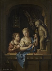 Twee Meisjes Met Bloemen Bij Een Beeld Van Cupido — Pieter Van Der Werff