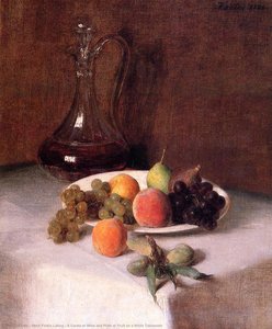 A Carafe Of Wine And Plate Of Fruit On A White Tablecloth — Henri Fantin-latour