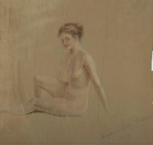 Seated Female Nude 3/4 Of The Left Profile, Right Leg Bent, Covered By The Left, Foot By Cut Leaf, Around The Neck And Face Touch Turquoise. — Eugenia Belín Sarmiento