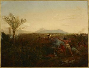 View Of Mt Egmont, Taranaki, New Zealand, Taken From New Plymouth, With Maoris Driving Off Settle — Alfred William Strutt