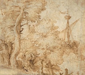 Jonah And The Whale, Seen From A Landscape With Trees — Taddeo Zuccaro