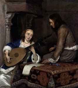 Woman Playing The Theorbo-lute And A Cavalier — Gerard Ter Borch