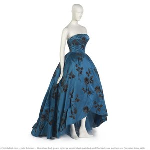 Strapless Ball Gown In Large Scale Black Painted And Flocked Rose Pattern On Prussian Blue Satin — Luis Estévez