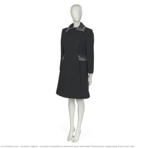 Cocktail Ensemble In Diamond Wool Twill With Rhinestones Comprising Dress And Coat — Pauline Trigère