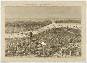 Birds-eye View Of The Southern-end Of New York And Brooklyn Showing The Projected Suspension-bridge Over The East River From The Western Terminus In Printing House Square, New York — Theodore Russell Davis