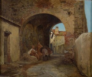 Mediterranean Village With Two Monks — Pietro Saltini