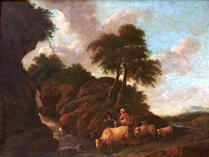 Landscape With A Waterfall, Peasants And Animals — Christian Wilhelm Ernst Dietrich Dietrich