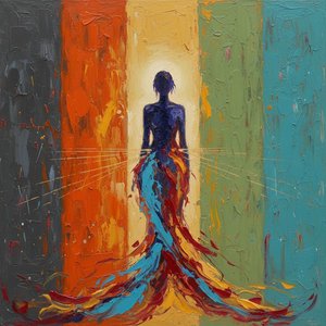 Ethereal Silhouette Amidst Cascading Pigment And Luminous Vertical Strata Of Light — Christian Noiret