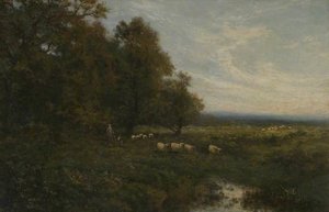 Landscape With Sheep And A Shepherd By A Stream — Alfred East