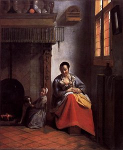 A Woman Nursing An Infant With A Child And A Dog — Pieter De Hooch