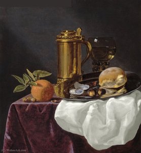 Tankard With Oysters, Bread And An Orange Resting On A Draped Ledge — Simon Luttichuijs