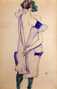 Stehende Junge Frau In Einem Blauen Kleid Und Grünen Strümpfen (rückseite) — Egon Schiele