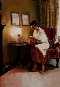Lady Reading A Book By Lamplight — Rowland Davidson