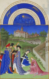 Calendar: April (courtly Figures In The Castle Grounds) — ლიმბურგის ძმები