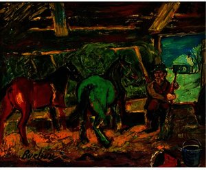Red And Green Horses In A Stable — David Davidovich Burliuk