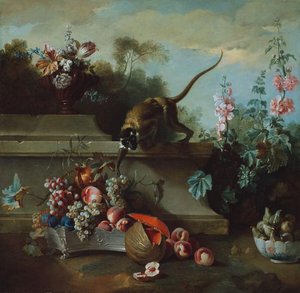 Still Life With Monkey, Fruits, And Flowers — Jean-baptiste Oudry