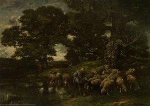 A Shepherd And His Flock By A Pond — Charles-émile Jacque