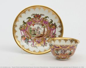 Tea Bowl And Saucer Painted By J.f.metzsch (d. 1766) — Meissenin Posliinitehdas
