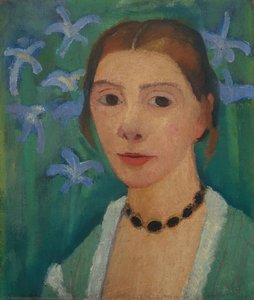 Self-portrait Before A Green Background With Blue Iris — Paula Modersohn-becker