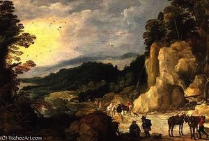 A Mountain Landscape With A Waterfall And Travellers At A Ford — Joos De Momper The Younger
